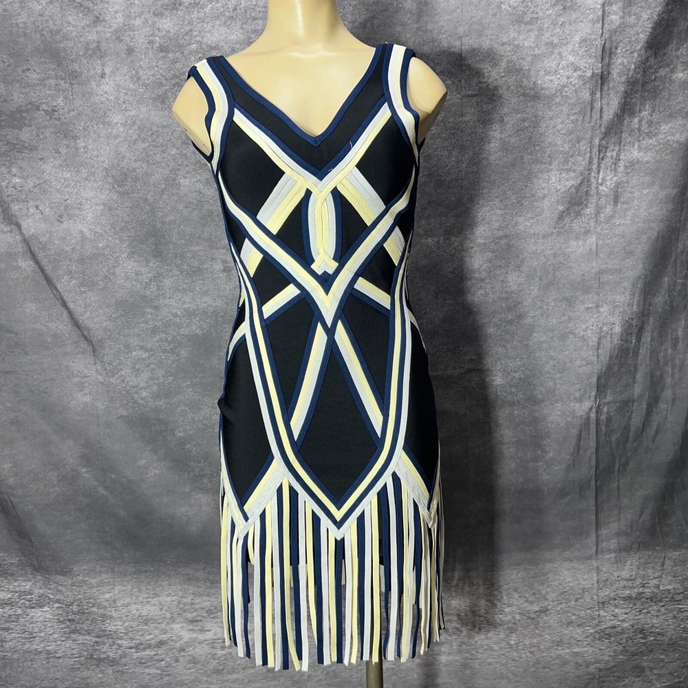 Basketweave Bondage Dress Womens M Fringe Navy Blue Yellow Sleeveless Heavy